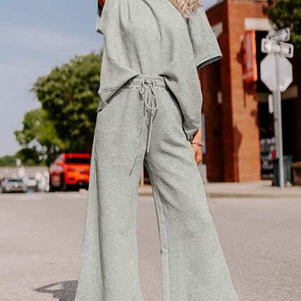 Gray Textured Loose Fit T Shirt and Drawstring Pants Set