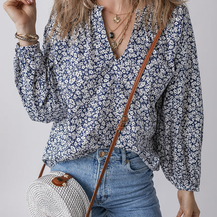 Blue Floral Print Notched V Neck Puff Sleeve Blouse