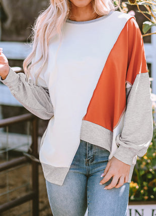 Khaki Colorblock Stitching Irregular Hem Long Sleeve Top