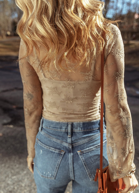 Apricot Lace Mesh Crochet Splicing Slim Fit Long Sleeve Blouse