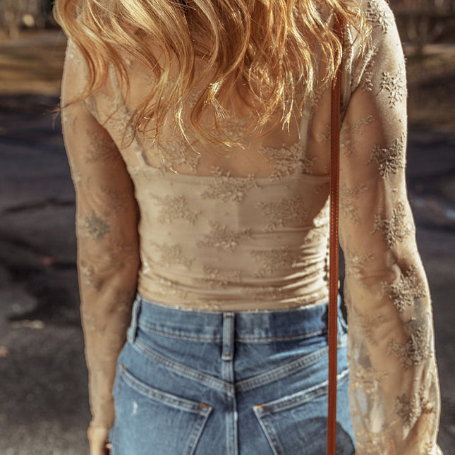 Apricot Lace Mesh Crochet Splicing Slim Fit Long Sleeve Blouse