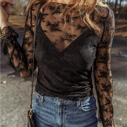 Black Lace Mesh Crochet Splicing Slim Fit Long Sleeve Blouse