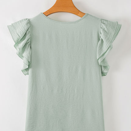 Clearly Aqua Solid Color Ruffled Short Sleeve Casual Blouse