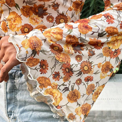 Orange Floral Printed Bell Sleeve Mock Neck Scallop Trim Blouse