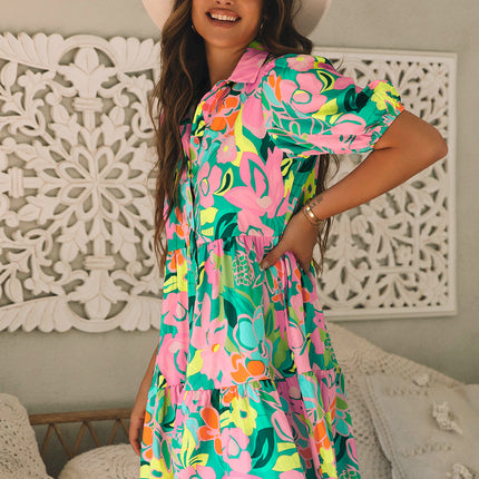 Green Floral Puff Sleeve Collar Buttoned Babydoll Dress