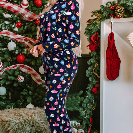 Navy Blue Colorful Christmas Lights Print Shirt and Pants Pajama Set