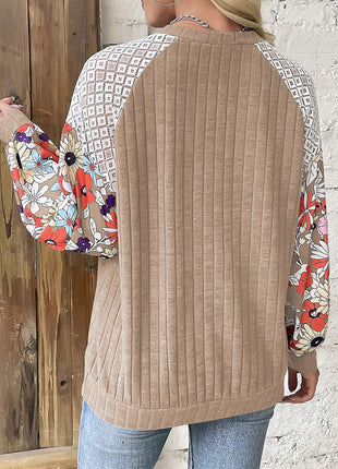 Parchment Floral Patchwork Long Sleeve Ribbed Blouse