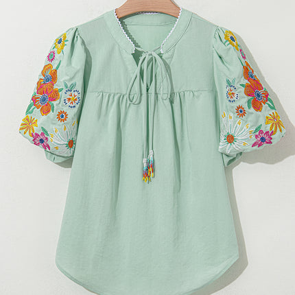 Clearly Aqua Floral Embroidered Puff Sleeve Split Neck Blouse
