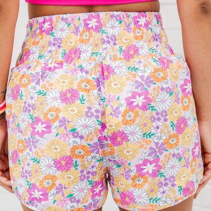 Pink Boho Floral Shirred High Waist Casual Shorts