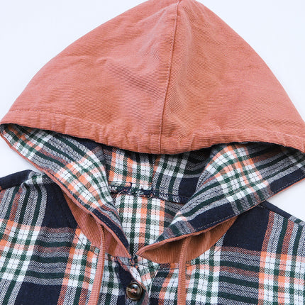Pink Contrast Hooded Drawstring Plaid Shacket