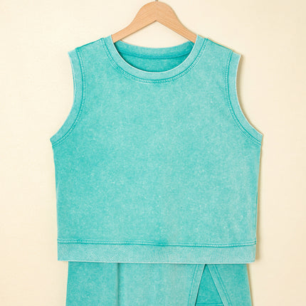 Mint Green 2 Pieces Mineral Wash Cotton Tank Top Lined Split Skirt Set