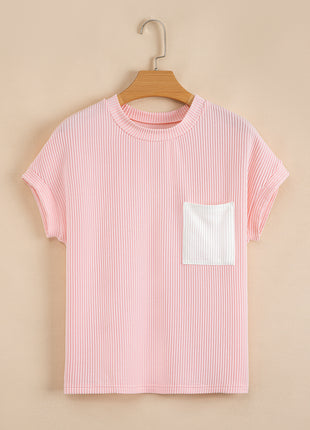 Pink Corded Knit Color Block Pocketed Crew Neck T Shirt
