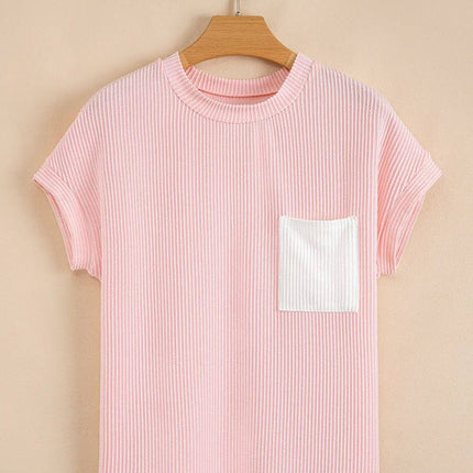 Pink Corded Knit Color Block Pocketed Crew Neck T Shirt Dear-Lover Dropshipping