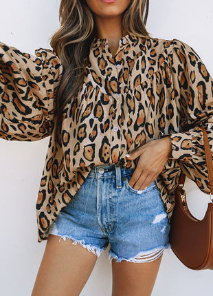 Light French Beige Oversized Leopard Print Balloon Sleeve Casual Shirt