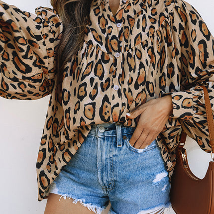 Light French Beige Oversized Leopard Print Balloon Sleeve Casual Shirt