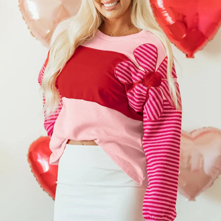 Pink Floral Patch Color Block Striped Sleeve Textured Top Dear-Lover Dropshipping