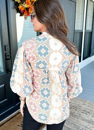Khaki Geometric Print Tassel Tie Split Neck Balloon Sleeve Blouse