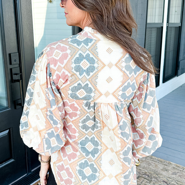 Khaki Geometric Print Tassel Tie Split Neck Balloon Sleeve Blouse