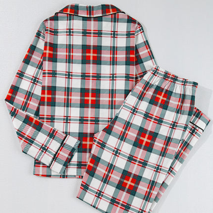 Red Christmas Plaid Print Two Piece Long Sleeve Pajamas Set