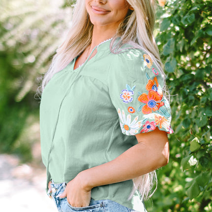 Clearly Aqua Floral Embroidered Puff Sleeve Split Neck Blouse