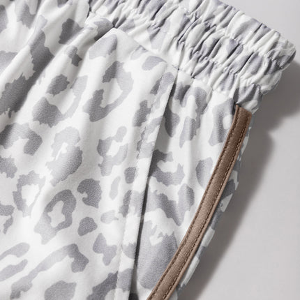 White Leopard Elastic Waistband Lace up Contrast Trim Casual Shorts