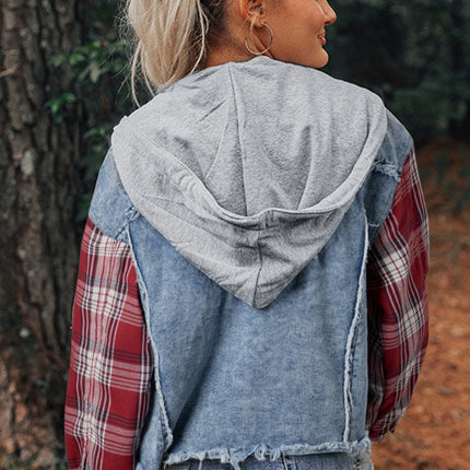 Beau Blue Plaid Print Patchwork Hooded Raw Hem Denim Jacket