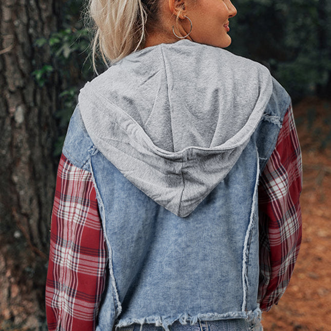 Beau Blue Plaid Print Patchwork Hooded Raw Hem Denim Jacket