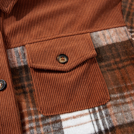 Cinnamon Plaid Corduroy Patchwork Chest Pocket Shacket