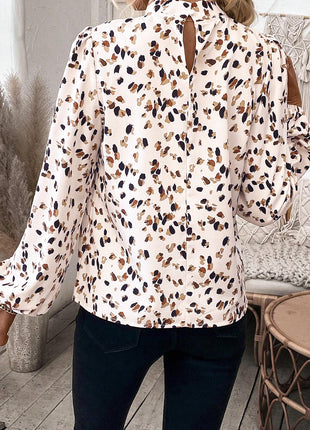 White Leopard Print Lantern Sleeve Mock Neck Pleated Blouse