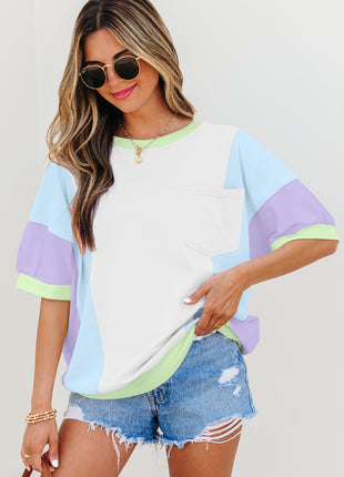 White Color Block Patchwork Half Sleeve Oversized T Shirt