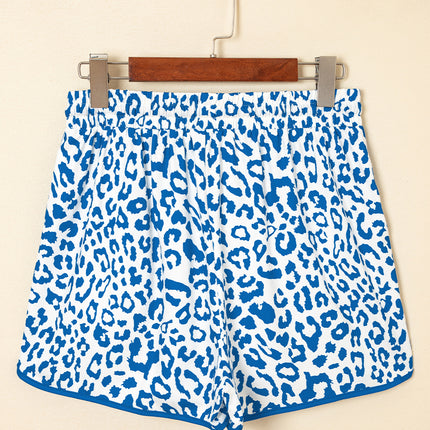 Blue Leopard Elastic Waistband Lace up Contrast Trim Casual Shorts