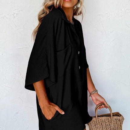 Black Romper Half Button Loose Collared