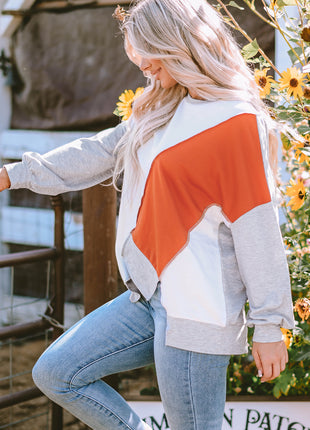 Khaki Colorblock Stitching Irregular Hem Long Sleeve Top