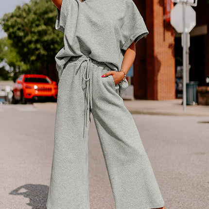 Gray Textured Loose Fit T Shirt and Drawstring Pants Set