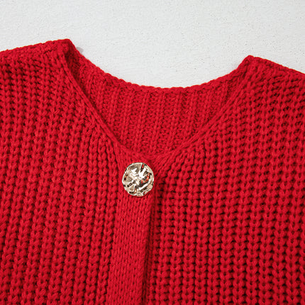 Fiery Red Solid Textured Knit Side Pockets Buttoned Sweater Vest