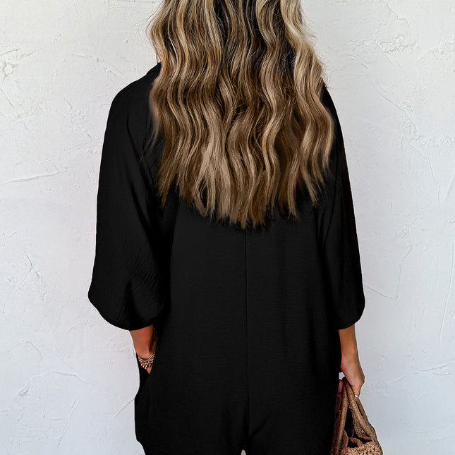 Black Romper Half Button Loose Collared