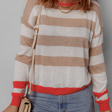 Apricot Colorblock Striped Round Neck Drop Shoulder Sweater