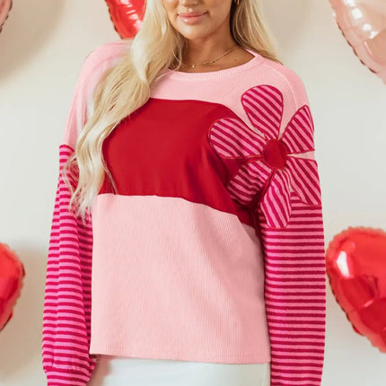 Pink Floral Patch Color Block Striped Sleeve Textured Top Dear-Lover Dropshipping