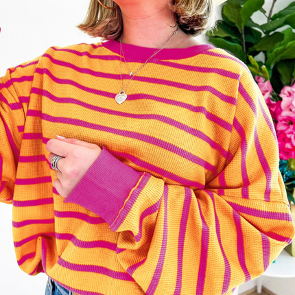 Orange Stripe Trimmed Round Neck Drop Shoulder Loose Sweater