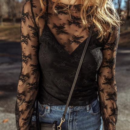 Black Lace Mesh Crochet Splicing Slim Fit Long Sleeve Blouse