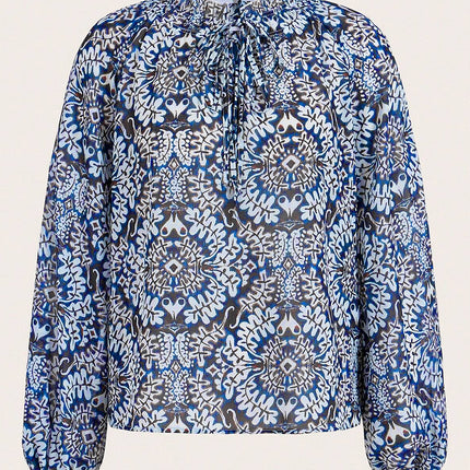 Blue Tribal Print Lace-up Frilled Neck Puff Sleeve Blouse