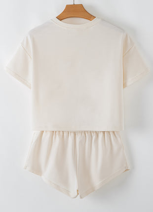 Beige 2pcs Cropped Tee and Ruffle High Waist Skort Set