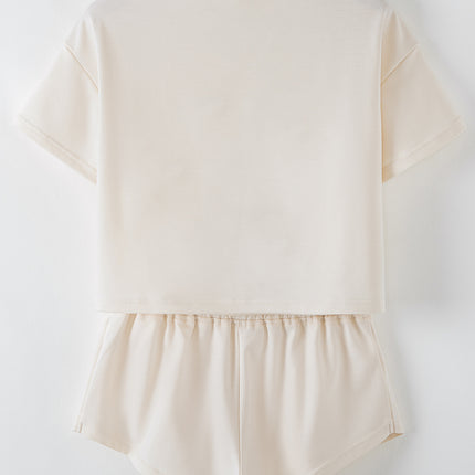 Beige 2pcs Cropped Tee and Ruffle High Waist Skort Set