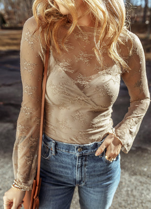 Apricot Lace Mesh Crochet Splicing Slim Fit Long Sleeve Blouse