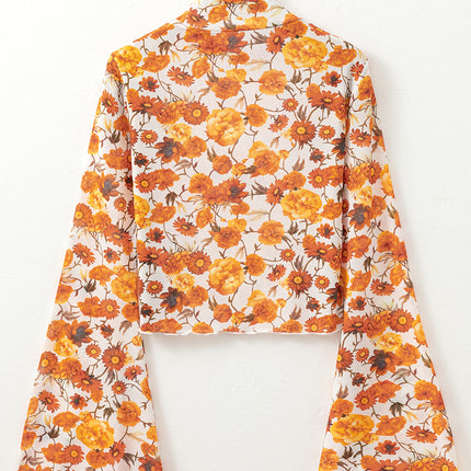 Orange Floral Printed Bell Sleeve Mock Neck Scallop Trim Blouse