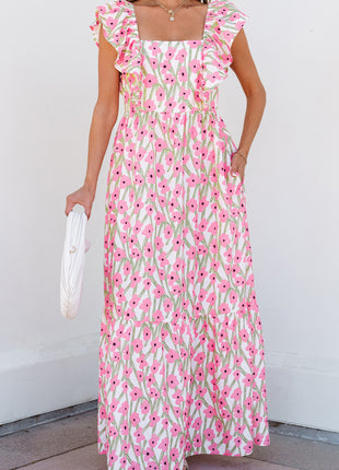 Pink Floral Print Square Neck Ruffled Strap Maxi Dress
