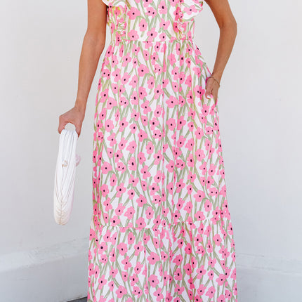 Pink Floral Print Square Neck Ruffled Strap Maxi Dress