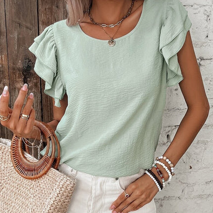 Clearly Aqua Solid Color Ruffled Short Sleeve Casual Blouse
