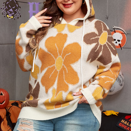 White Large Flower Knitted Drawstring Hooded Plus Size Sweater