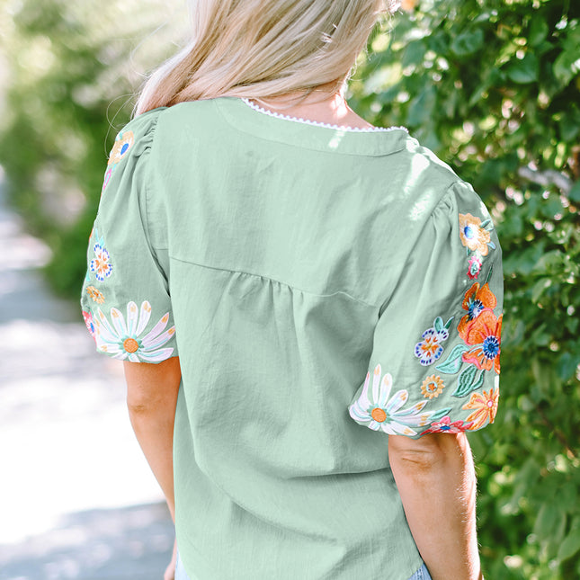 Clearly Aqua Floral Embroidered Puff Sleeve Split Neck Blouse